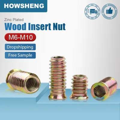 HOWSHENG 10-40pcs Wood Insert Nut M6 M8 M10 Carbon Steel Zinc Plated Hexagon Wood Insert Nut Screw in Nut Connector