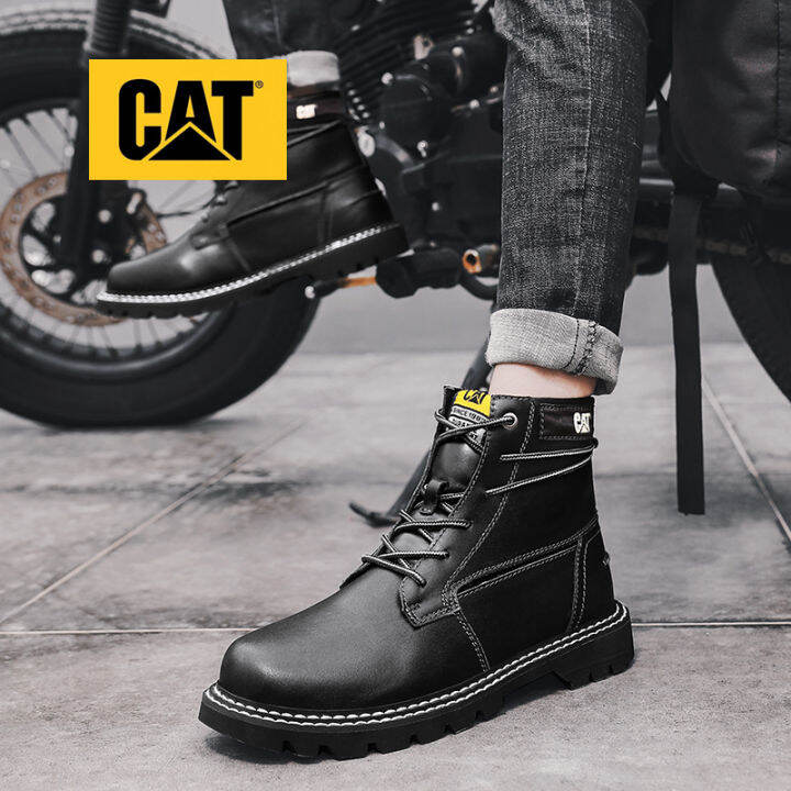 CAT Cowboy รองเท้าบูทมาร์ตินเย็บด้วยมือหนังแท้ Biker Boots Caterpillar รองเท้าบูทมอเตอร์ไซค์