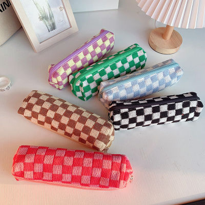 Functional Pen Bag Stylish Pencil Pouch Minimalist Stationery Box Large Capacity Pencil Holder Checkerboard Pencil Case