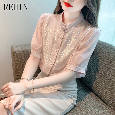 REHIN เสื้อเบลาส์แขนสั้นสำหรับผู้หญิง,เสื้อเบลาส์ปักเลื่อมคอกลมอเนกประสงค์ฉบับภาษาเกาหลีแฟชั่นหรูหราใหม่ฤดูร้อน