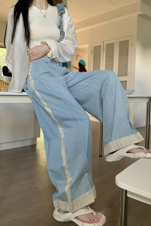 lisezo-เสื้อผ้าผู้หญิงเกาหลี-y2k-แฟชั่นเอวสูงแผงม้วน-cal-กางเกงขากว้าง