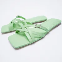 【READY STOCK】[Ready Stock] 2022ZARA New Mint buckle lace up flat shoes Square Head Beach slippers