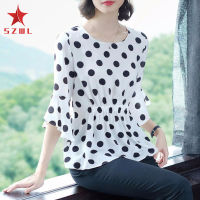 SZWL Women T-shirt Summer Polka Dot Chiffon Eblow Sleeves Ruffled Waisted Chiffon Blouse For Lady