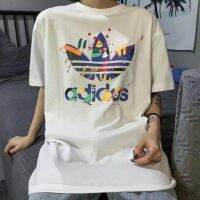 ◐┅ 23 years American style pure cotton oversize printed clover T-shirt for men and women couple front shoulder large size printed short sleeves