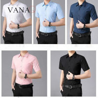 VANAQ เสื้อเข้ารูปพอดีเสื้อเชิ้ตผู้ชายฤดูร้อนธุรกิจแขนสั้นสีทึบลำลอง