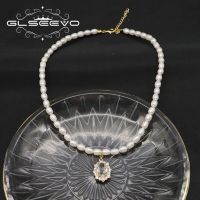 GLSEEVO White Freshwater Pearls Elliptical Zircon Long Chain Necklace Luxury Handmade Beaded Women Jewelry Making Design GN0414