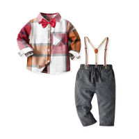 Toddler Boys Long Sleeve Plaid Prints T Shirt Tops Pants Child Kids Gentleman Suspender Pants Outfits