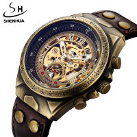 Luxury Top Brand Retro Automatic Watch Men Leather Band Fashion Steampunk Bronze Steel Skeleton Mens Mechanical Wrist Watch Gift