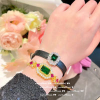 Gelang Zamrud นกยูงดอกลูกแพร์หินลาวาชุบทอง18K เกล็ดหิมะเพทายกำไลหนัง PU