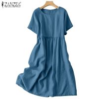 ☑✻ ZANZEA Women Street Casual Simple Round Neck Short Sleeve Stitching Loose Dress With Pockets