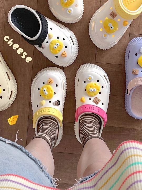 july-cloth-students-fashion-outerwear-baotou-slippers-summer-cute-cheese-thick-bottom-non-slip-contrast-hole-shoes-women