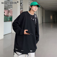 MAYCHEER   เสื้อยืดแขนยาวผู้ชายเสื้อกล้ามสีขาวตัดขอบผู้ชายเทรนด์สูงเสื้อกีฬาแขนยาวใส่เดินถนนหลวมใต้แขนยาว