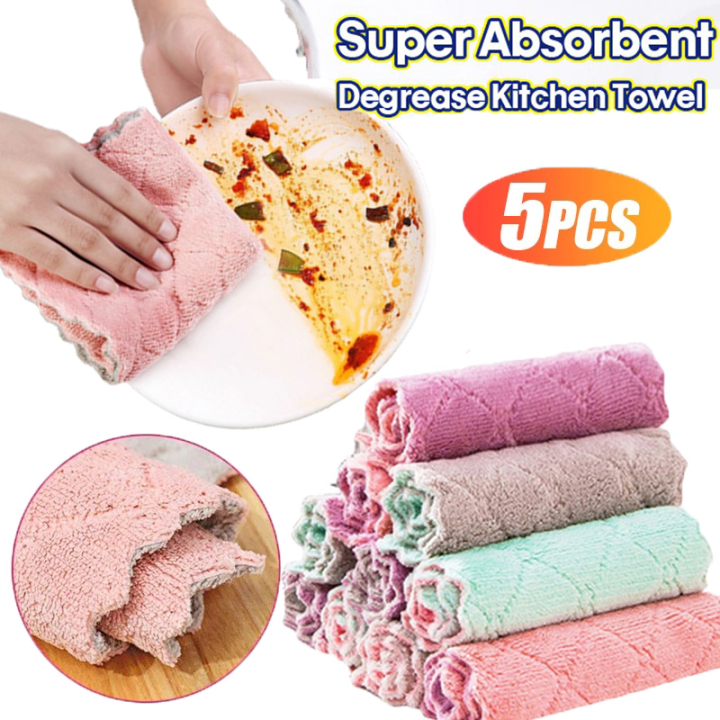5pcs-ไมโครไฟเบอร์ผ้าเช็ดจานผ้าซับน้ำสุดๆผ้าขนหนูไม่ติดอุปกรณ์ทำความสะอาดบ้านผ้าเช็ดจานน้ำมัน