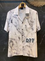 เสื้อเชิ้ตฮาวายไหมอิตาลีลายหินอ่อนขาวD77