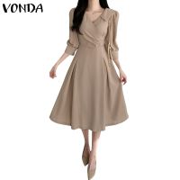 HOT”Vonda ชุดเดรส คอวี แขนพอง สีพื้น สไตล์เกาหลี สําหรับผู้หญิง