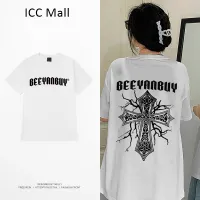 ICC เสื้อยืด สุภาพสตรี ขาว พิมพ์ข้าม ตัวอักษร วินเทจ ผ้าฝ้าย สวมใส่สบาย ๆ นุ่ม เสื้อยืด oversize N0131