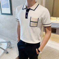 Camisa Masculina โปโลผู้ชายแขนสั้นถักเสื้อโปโลฤดูร้อนคมชัดสีกระเป๋าอังกฤษบางปกผ้าไหมน้ำแข็งโหมด Homme