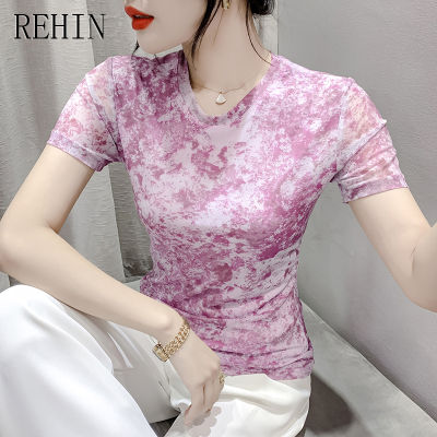 REHIN เสื้อยืดผู้หญิง2023ฤดูร้อนแฟชั่นตาข่ายแขนสั้นพอดีตัว,เสื้อผู้หญิงทรงพอดีตัวทันสมัย