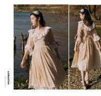 สาว Ruffles Laciness สูงผู้หญิง Vintage ชุดลูกไม้ Dinner Party Vestido เอว Mori Fairy Elegant Lolita Slim Princess