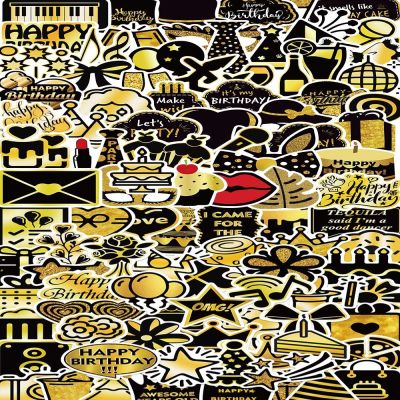 【LZ】✵♙  Graffiti bonito adesivo para festa de aniversário estilo preto e dourado telefone mala livro desktop laptop guitarra decoração de arte brinquedos 50 pcs 100pcs