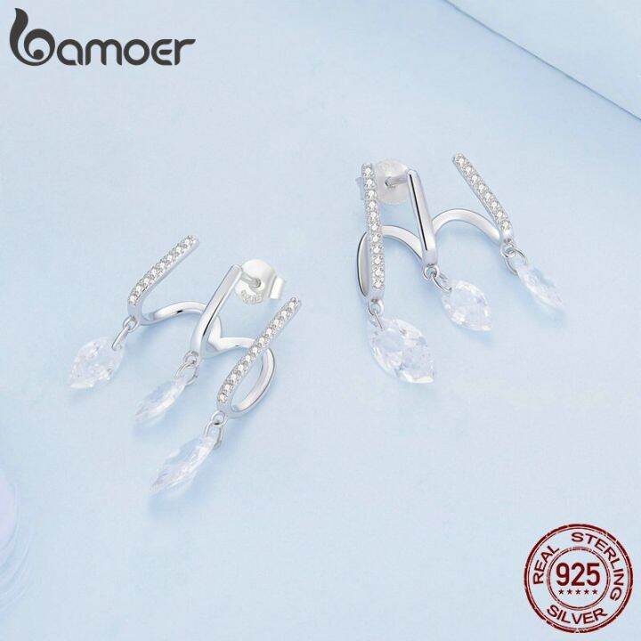 bamoer-เครื่องประดับอย่างดีมันวาวต่างหูรูปหยดน้ำเซอร์คอเนียรูปหยดน้ำต่างหูระย้าหลายชั้นแบบ925เงินสเตอร์ลิงสำหรับ-bse738ผู้หญิง