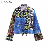 ♕✎ↂ CLAZZAA เสื้อวินเทจลำลองสำหรับผู้หญิงเสื้อเสื้อคอยาวปกกระดุมแถวเดียวพิมพ์ลายปะต่อแฟชั่นสำหรับผู้หญิง