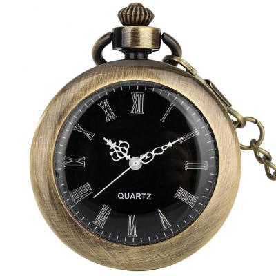 นาฬิกาควอตซ์นาฬิกาพกอัลลอยหน้าปัดเลขโรมันสีบรอนซ์แบบเรียบนาฬิกาวินเทจวินเทจพร้อมต่างหูมีโซ่