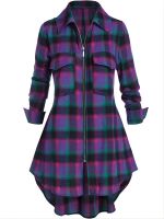 xixibeauty Plus Size Zip Up Plaid Pattern Long Sleeve Longline Shirt, Womens Plus Lapel Collar Casual Longline Blouse