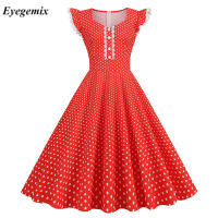 KK2023 Vintage 50S 60S ผู้หญิง Vintage Party Dress ปุ่ม Polka Dot แขนสั้น Hepburn Robe Pin Up Rockabilly Dressesq11