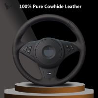 Black Genuine Leather Car Steering Wheel Cover for BMW E60 530i E63 E64 635D