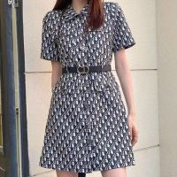 【FREE SHIPPING】Spring/Summer Polo Neck Short Sleeve Jacquard Slim Fit Dress with Belt Letter