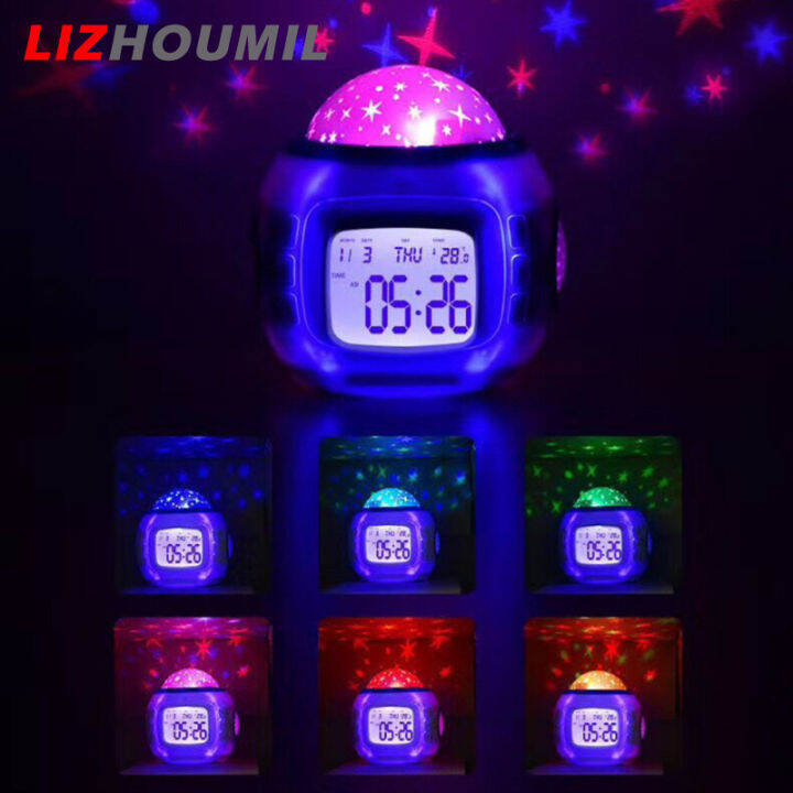 lizhoumil-เพลงในฝันเครื่องฉายท้องฟ้าที่เต็มไปด้วยดวงดาวการฉายนาฬิกาปลุกไฟตั้งโต๊ะสำหรับกลางคืนของขวัญนาฬิกาแบบมีวันที่เด็ก