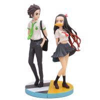 oakcke New Anime Demon Slayer Figure Kamado Nezuko Tanjirou School Uniform Pleated Skirt Model 20CM PVC Collectible Toys Doll Ornament