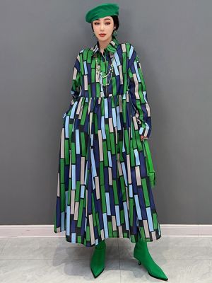 XITAO Dress Striped Print Woman Long Sleeve Shirt Dress