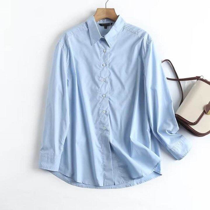 2023ฤดูใบไม้ผลิของสุภาพสตรี-massimo-dutti-แขนยาวเรนเดียส์แบบหลวมเสื้อสีฟ้าคลาสสิก