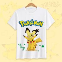 【HOT】เสื้อยืดผ้าฝ้ายแขนสั้นพิมพ์ลาย Pokemon Pikachu สำหรับผู้ชายผู้หญิง100%cotton