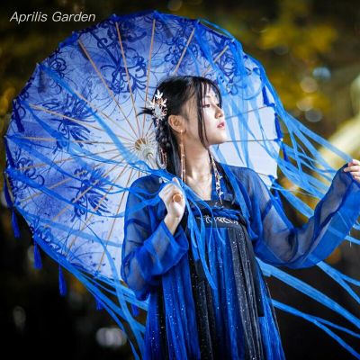 ร่มนางฟ้า Hanfu ร่มกระดาษมันร่มมีพู่ดอกไม้ร่มสำหรับผู้หญิงคอสเพลย์อุปกรณ์ประกอบฉากการถ่ายภาพจีนญี่ปุ่น
