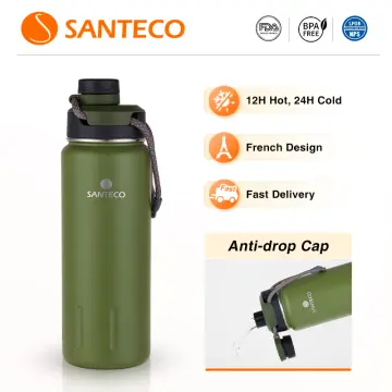 Insulated Water Bottles 24 oz, Santeco Stainless Steel Bottles with Lanyard  & Wide Mouth Spout Lid, Leak Proof, Double Wall Vacuum Water Bottle, Keep