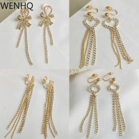 WENHQ Korean Design Long Tassel Rhinestone Mosquito Coil Clip on Earrings No Pierced Ear Clip Women 39;s Cuff Earrings Jewelry Gift