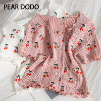 PEAR DODO เสื้อถักแขนสั้นสำหรับผู้หญิงเสื้อเอวลอยพิมพ์ลายเชอร์รี่คอกลมเกาหลี