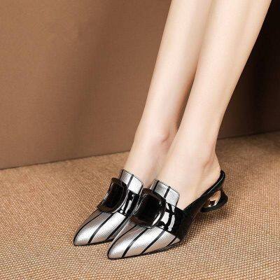 ▲ Korean fashion ladies sandals Baotou half slippers female thick heel soft leather ladies sandals，sandals for women，