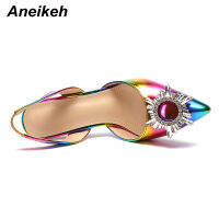 Aneikeh Colour PU Fashion Women Heeled Sandals Pointed Toe Rhinestone Sun Flower Spike Heels High Heel Ladies Shoes Rome Party