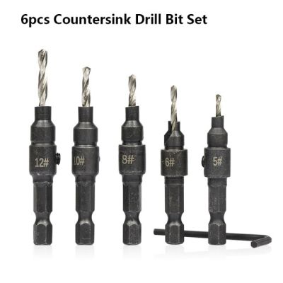 【Worth-Buy】 ที่เจาะรูไม้ Hss Countersink Drill ชุดบิต5ชิ้นพร้อมประแจเครื่องมือสำหรับงานไม้ดอกสว่านไม้เคลือบดีบุกดอกสว่านก้านหกเหลี่ยม