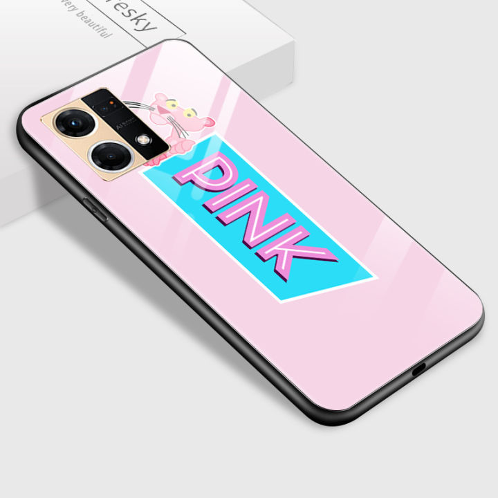 Jizetin Phone Casing For OPPO Reno 8 Reno8 (4G) Reno8 Z 5G Vivo Y77 5G Case  Cartoon For Girls Funny Naughty Pink Panther Leopard POP Tide Glossy Phone  Case Shockproof Tempered Glass