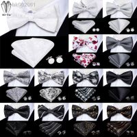 ┇◇ Hi-Tie White Black Gray Silver Silk Mens Bow Tie Hanky Cufflinks Set Pre-tied Butterfly Knot Bowtie for Male Wedding Business