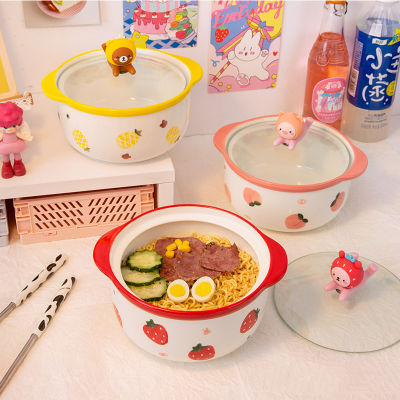 Kawaii Ceramics Strawberry Peach Ramen Bowl With Lid Cute Kitchen Large Instant Noodles Fruit Salad Rice Soup Bowl Tableware