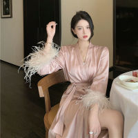 QWEEK Sexy Pajamas With Feathers Sleepwear Bathrobe Female Womens Long Robe Summer Nightgowns Pink Designer Clothes Luxury