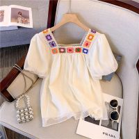 Spot parcel post Summer New Top Womens Fashion Square Collar Colorful Wool Lace Stitching Puff Sleeve Chiffon Shirt All-Matching Youthful-Looking Sweet and Spicy