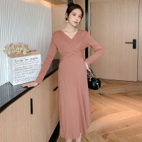 20219190# 2021 Spring Korean Fashion Maternity Long Party Dress V neck Slim A Line Loose Modal Clothes for Pregnant Women Pregnancy