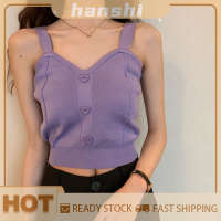 hanshi [2023 new HOT FASHION] lazlook เสื้อครอปถักคอวีแขนกุดมีกระดุมน่ารักแฟชั่นฤดูร้อน